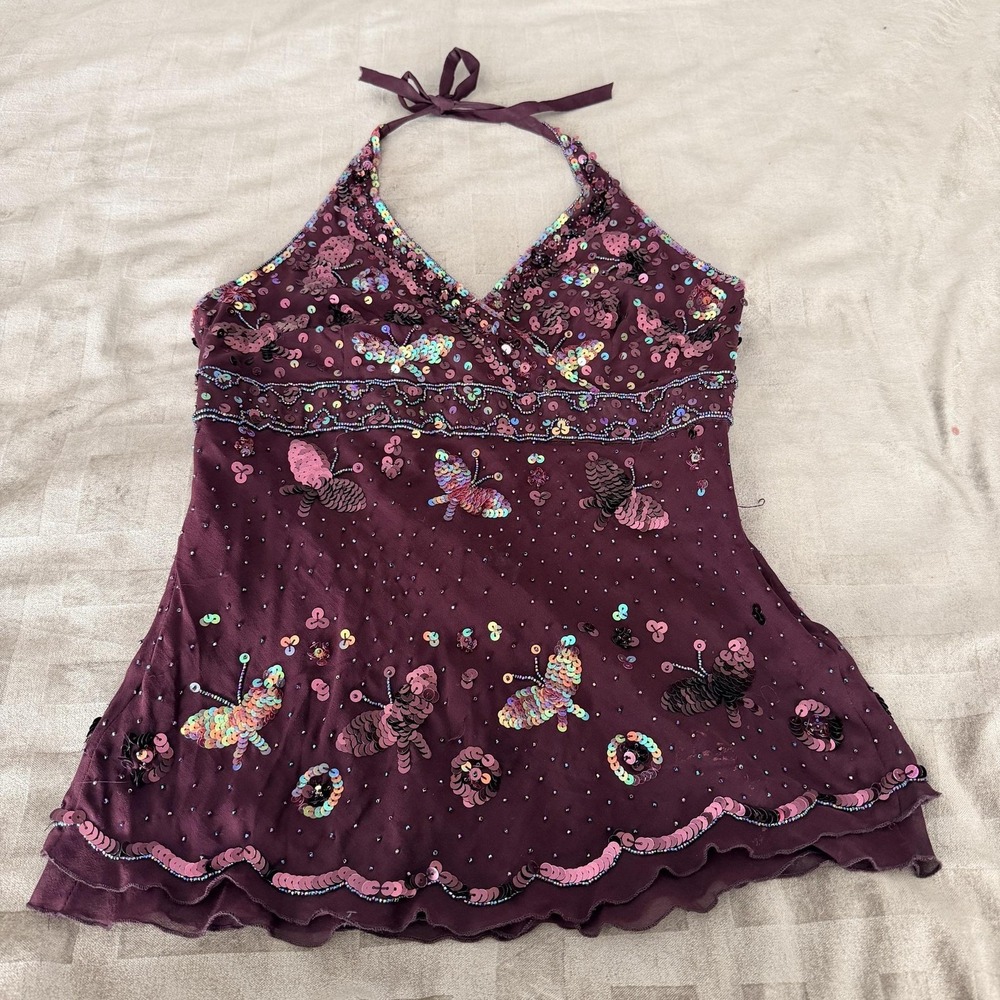 VTG Y2K Bebe Sequin Butterfly Tank Top S Purple Halter Chiffon Party Cami Beaded